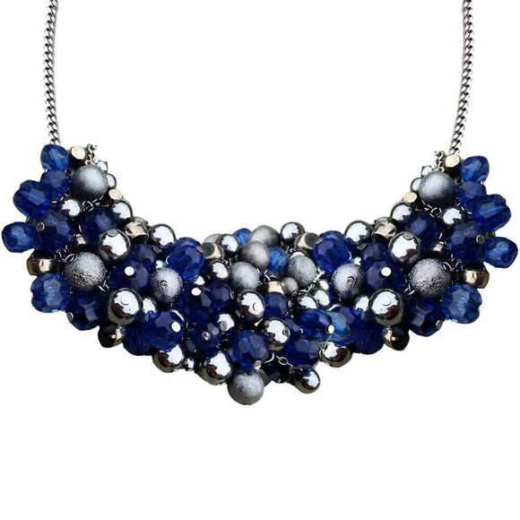 NWT Vintage Chunky Cluster Blue Gun Metal Beaded Cocktail Statement Necklace Bib - Picture 1 of 4